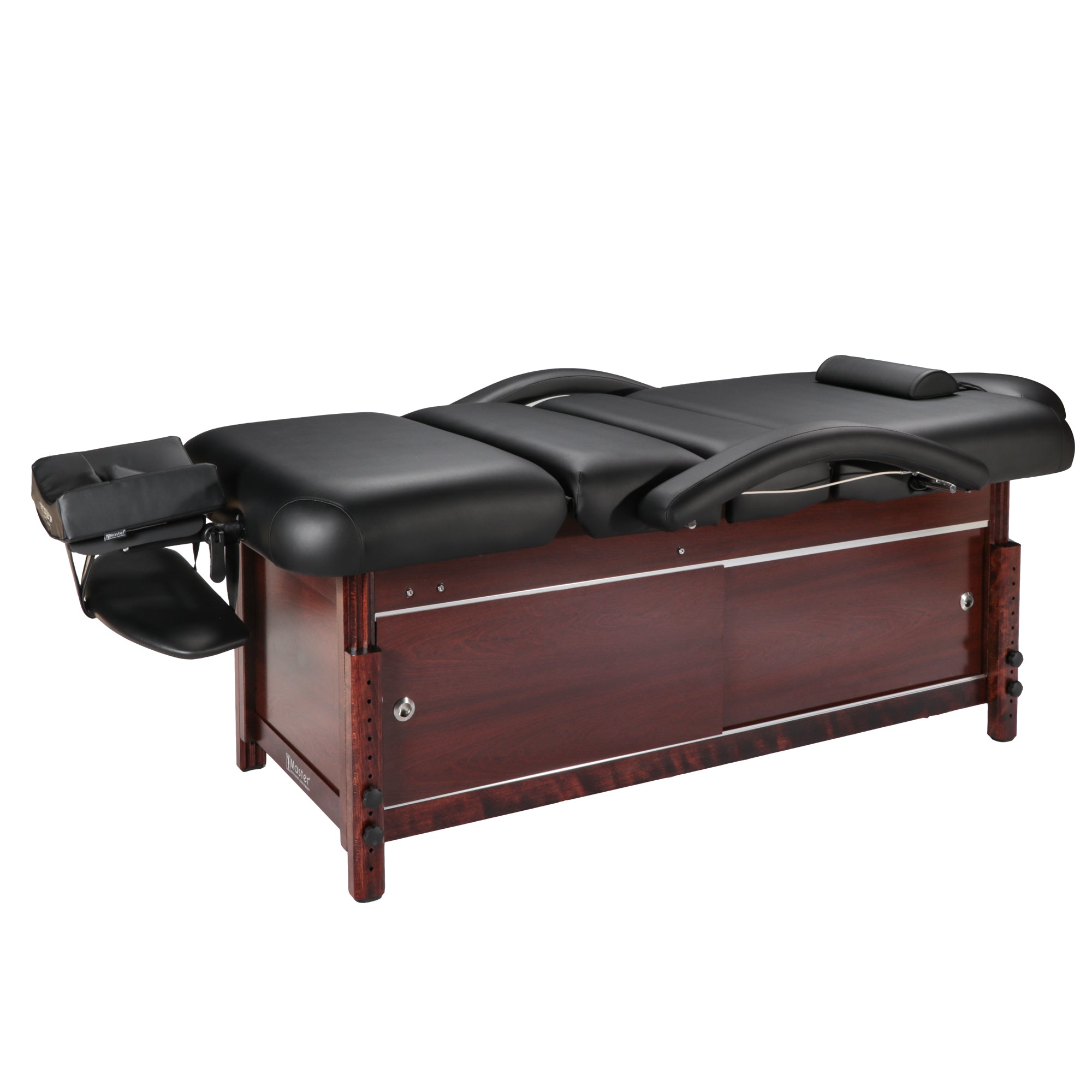 Master Massage 30" Cabrillo Stationary Massage Table Spa Salon Beauty Bed with Cabinet, Pneumatic Backrest and Leg Rest, Black with Walnut Legs