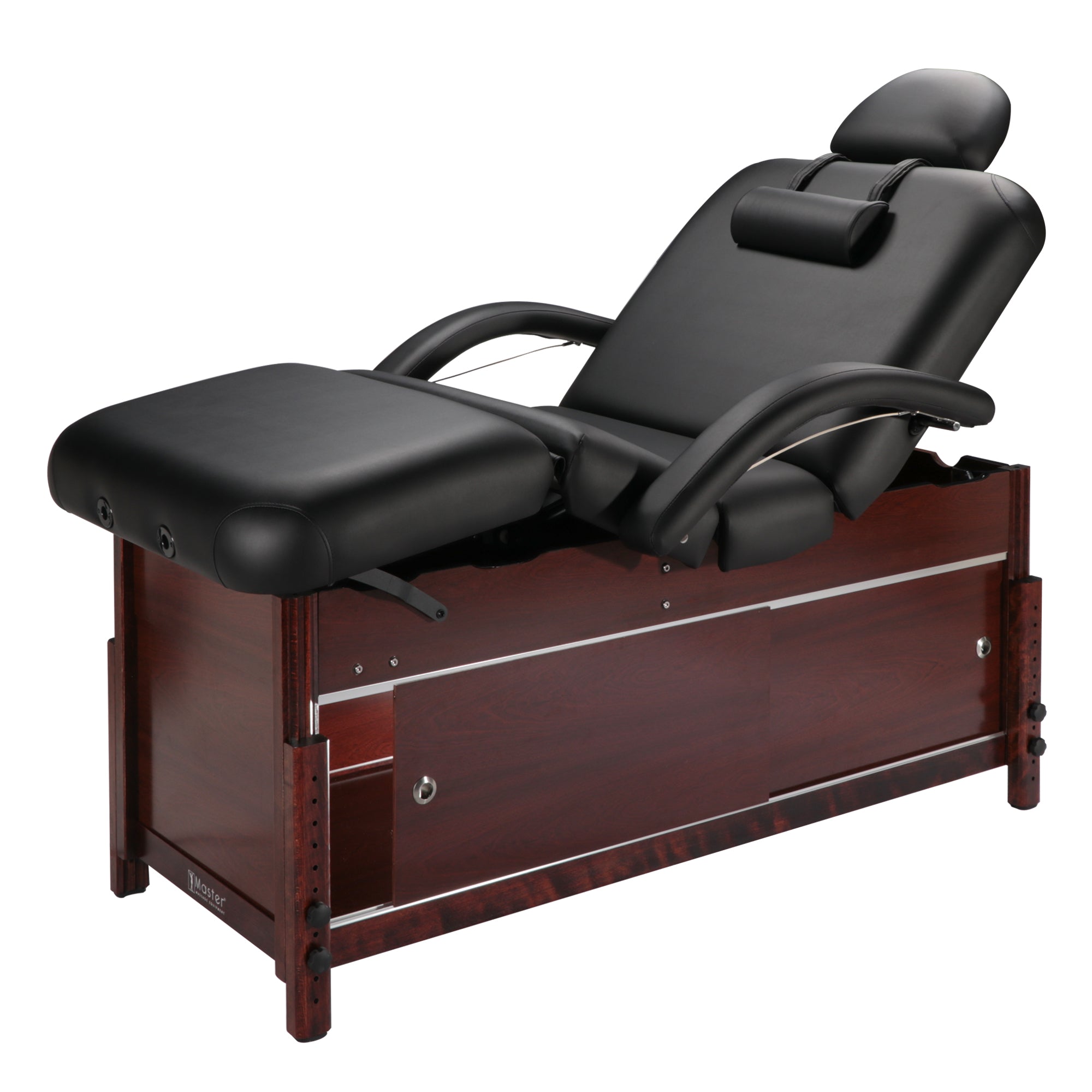 Master Massage 30" Cabrillo Stationary Massage Table Spa Salon Beauty Bed with Cabinet, Pneumatic Backrest and Leg Rest, Black with Walnut Legs