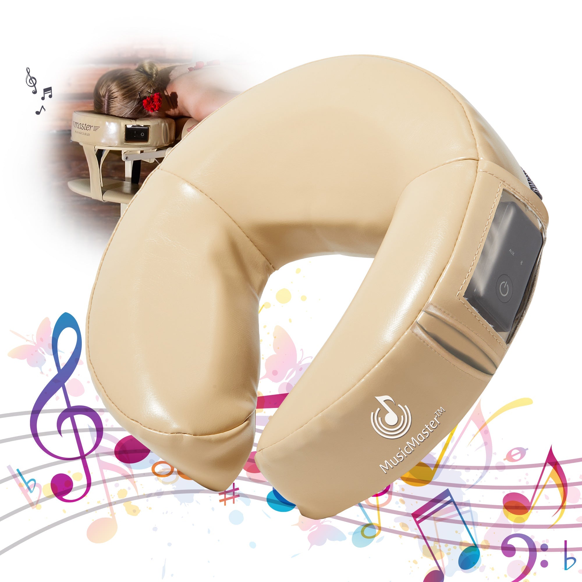 MusicMaster™ Crescent Round High Fidelity Sound Face Cushion- Bluetooth Music Headrest- Cream Luster