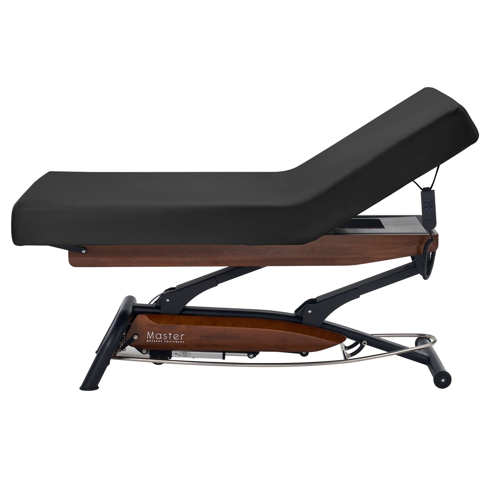 Master Massage Atlas Liftback Electric Lift Spa Salon Stationary Bed - Walnut Base, Cream Top with Interchangable Black Upholstery