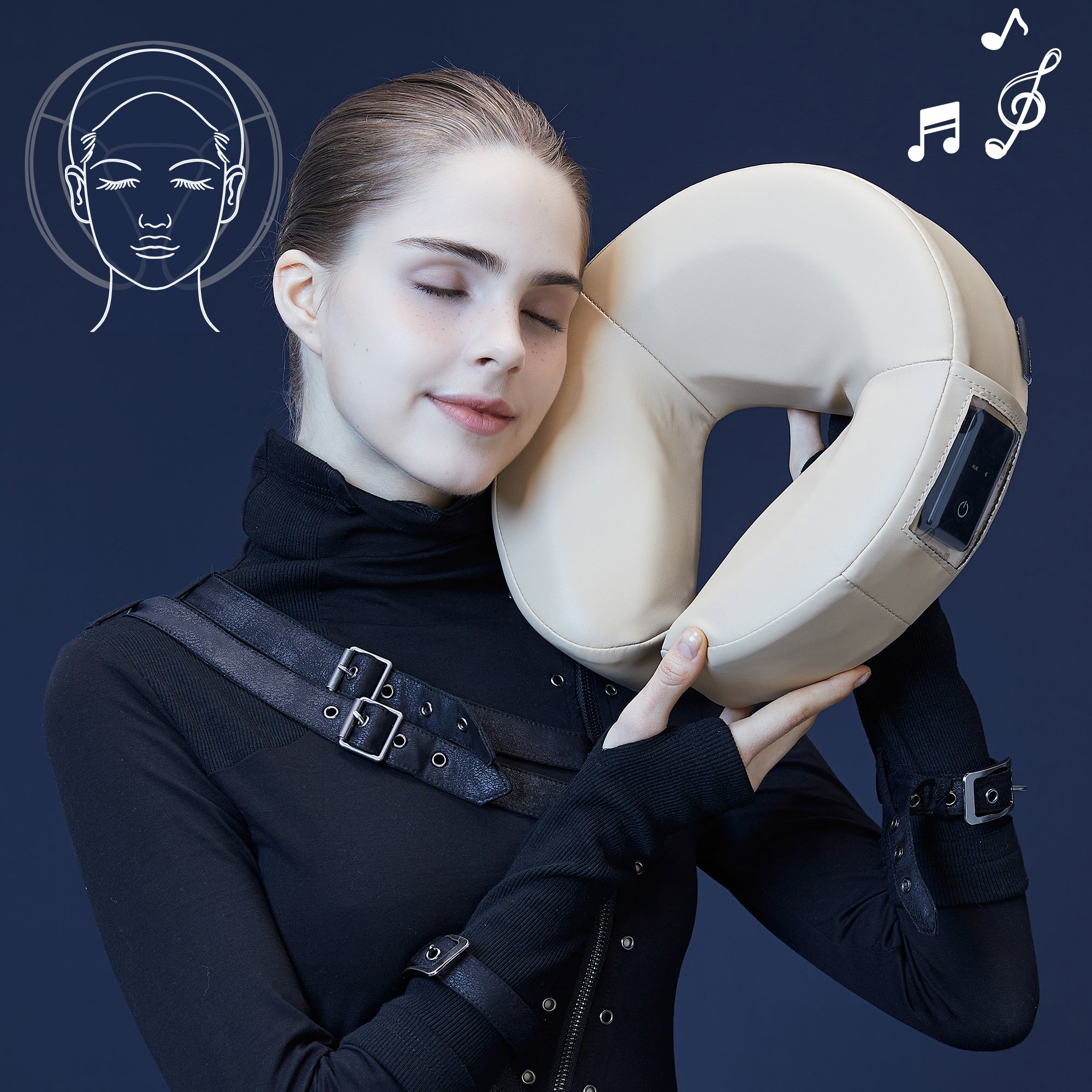 MusicMaster™ Crescent Round High Fidelity Sound Face Cushion- Bluetooth Music Headrest- Cream Luster