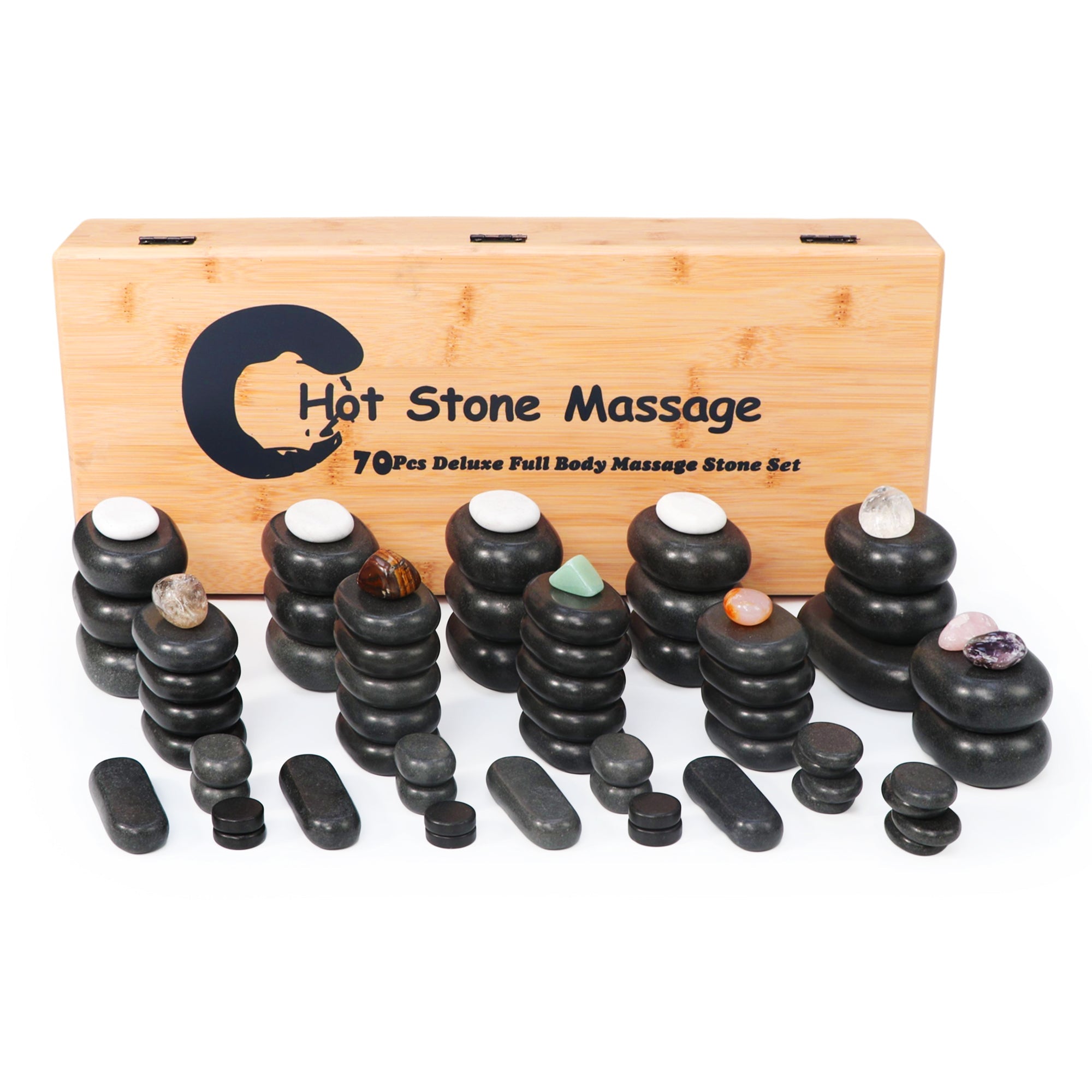 Master Massage 70-piece Deluxe Hot Stone Massage Stone Set Kit Package for a Full Body Massage with Black Lava Volcano Basalt Rock, White Marble Cool Cold Stone and Chakra.