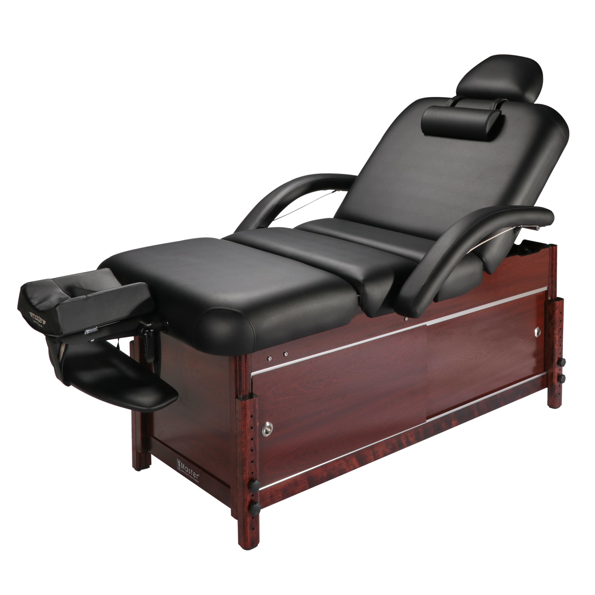 Master Massage 30" Cabrillo Stationary Massage Table Spa Salon Beauty Bed with Cabinet, Pneumatic Backrest and Leg Rest, Black with Walnut Legs