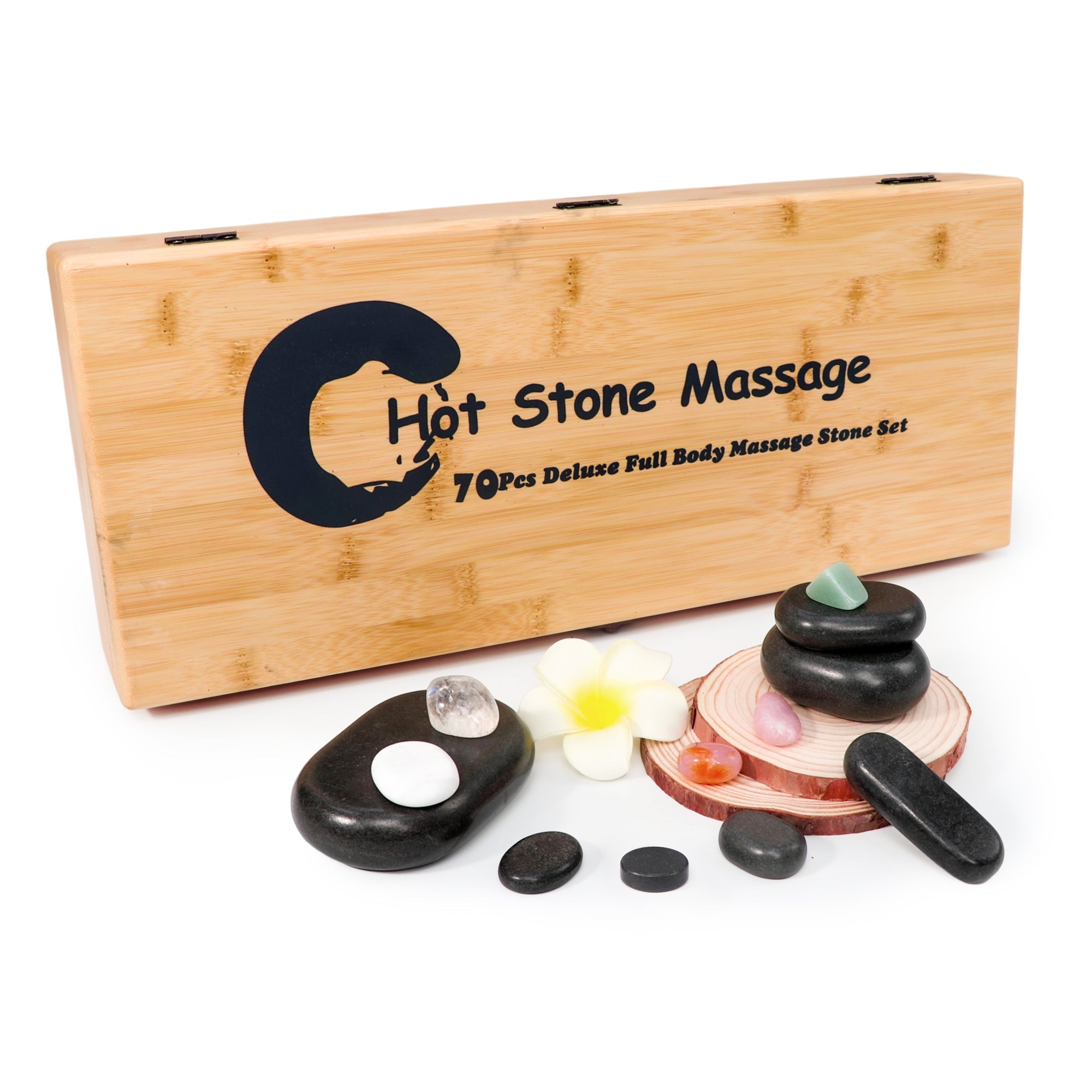 Master Massage 70-piece Deluxe Hot Stone Massage Stone Set Kit Package for a Full Body Massage with Black Lava Volcano Basalt Rock, White Marble Cool Cold Stone and Chakra.