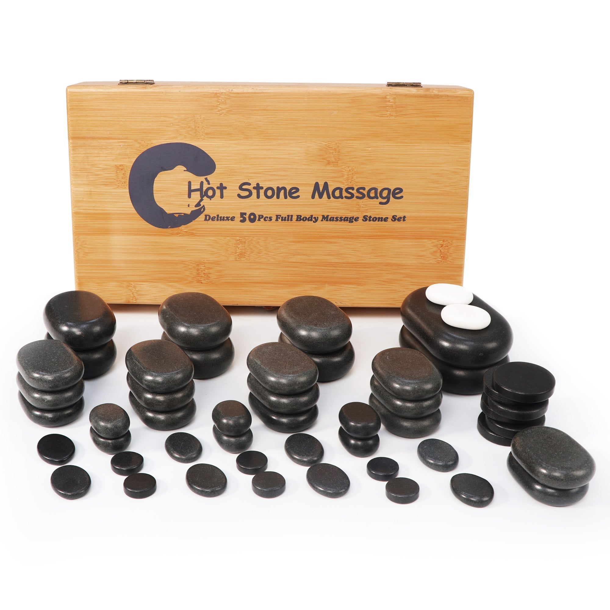 Master Massage 50 Piece Deluxe Hot Stone Massage Stone Set Kit Package for a Full Body Massage with Black Lava Volcano Basalt Rock, White Marble Cool Cold Stone