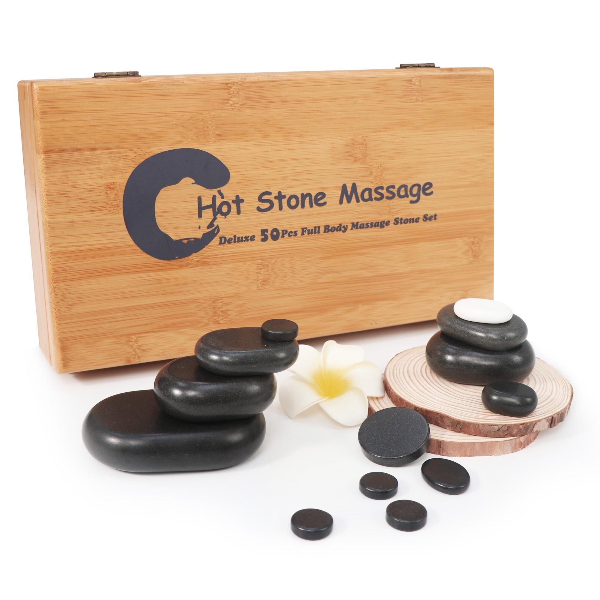 Master Massage 50 Piece Deluxe Hot Stone Massage Stone Set Kit Package for a Full Body Massage with Black Lava Volcano Basalt Rock, White Marble Cool Cold Stone