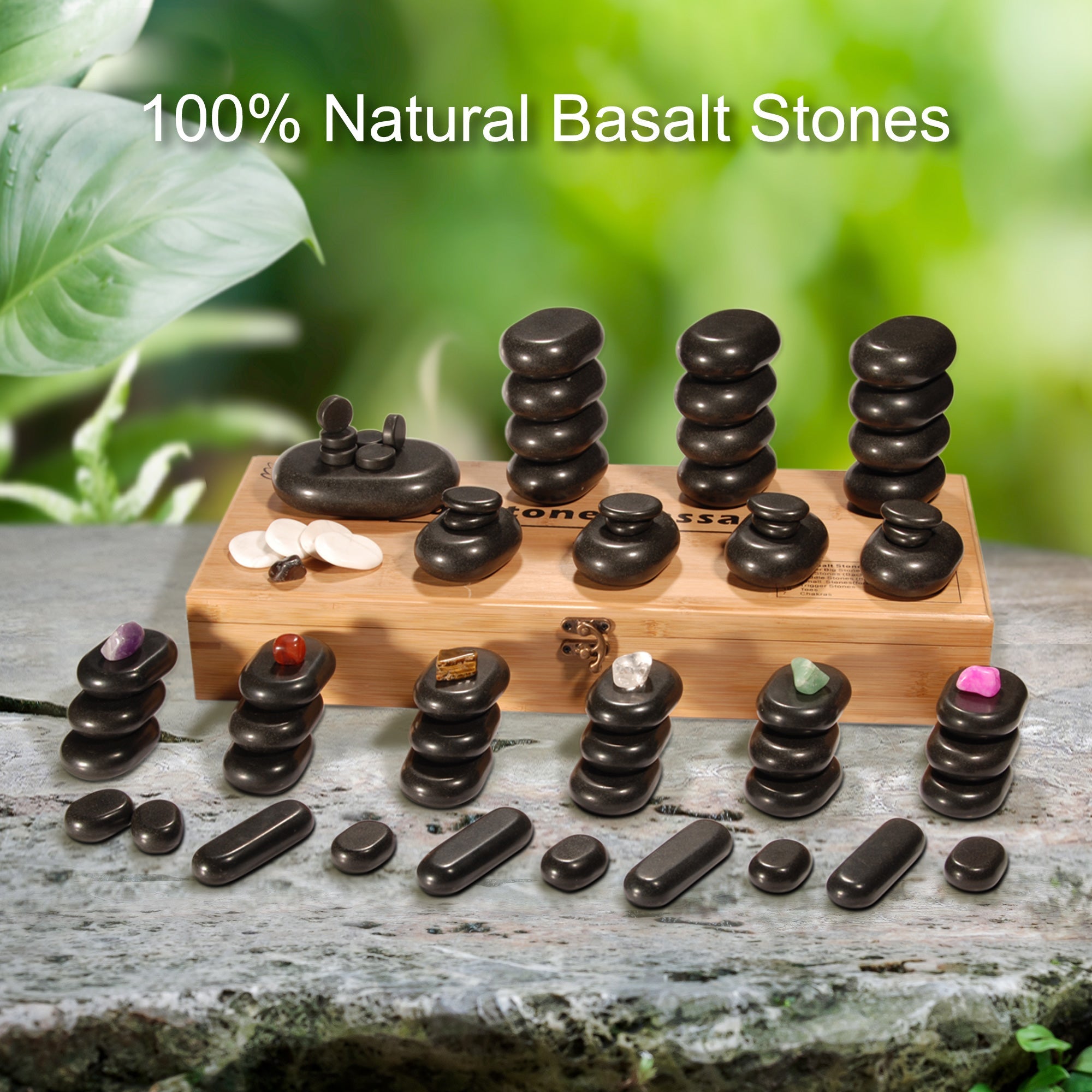 Master Massage 70-piece Deluxe Hot Stone Massage Stone Set Kit Package for a Full Body Massage with Black Lava Volcano Basalt Rock, White Marble Cool Cold Stone and Chakra.