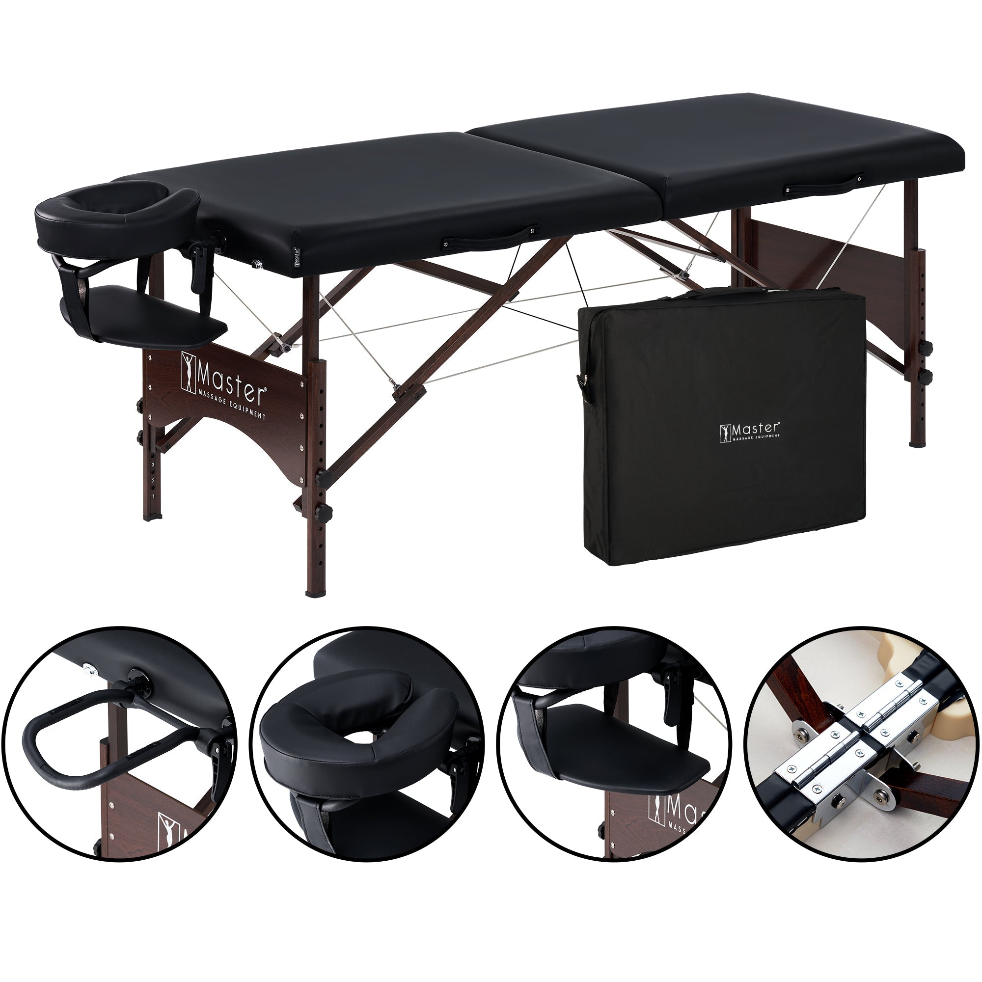 Master Massage 28" Argo Portable Massage Table Package in Black Upholstery, Walnut Legs