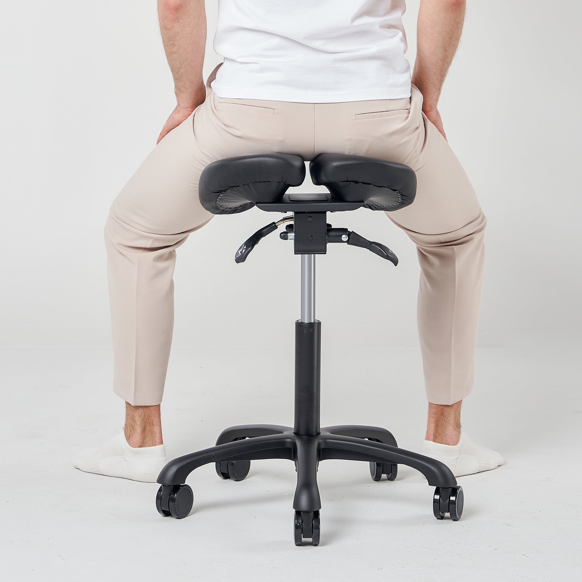 Master Massage Berkeley Ergonomic Posture Saddle Chair-Two-Part Saddle Stool- Hydraulic Swivel Rolling Seat Stool with Adjustable Title Angle and Height- Aluminum Base with Rubber Wheel Casters-Black (2 Color Options)