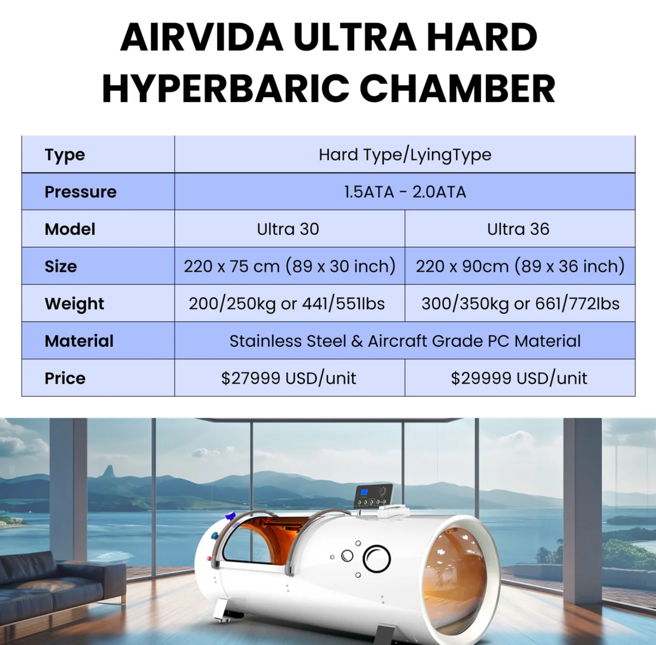 2.0 ATA Stainless Steel Laying Hyperbaric Chamber With 1.3 / 1.5 / 1.7 / 2.0 ATA
